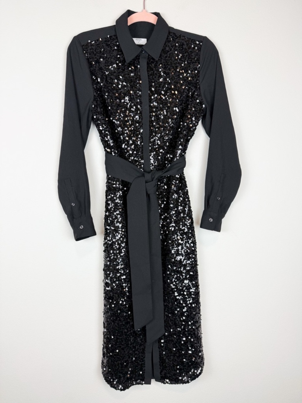 Untuckit Black Sequin Crepe Lexie Shirt Dress Long Sleeve Midi Size 6 - Picture 2 of 11